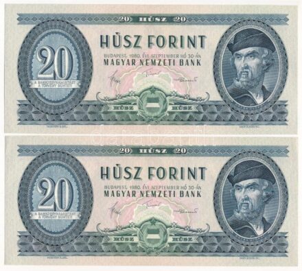 1980. 20Ft (2x) sorszámkövető 'C 320 085135 - C 320 085136' T:I / Hungary 1980. 20 Forint (2x) consecutive serials 'C 320 085135 - C 320 085136' C:UNC Adamo F17