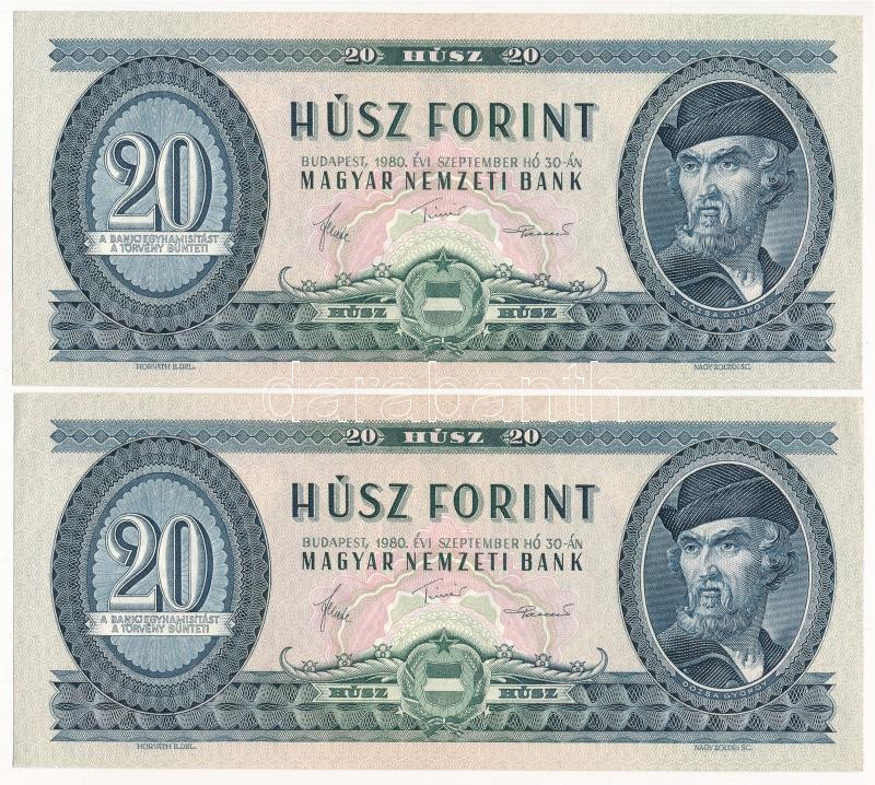 1980. 20Ft (2x) sorszámkövető 'C 320 085135 - C 320 085136' T:I / Hungary 1980. 20 Forint (2x) consecutive serials 'C 320 085135 - C 320 085136' C:UNC Adamo F17