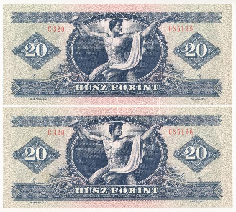 1980. 20Ft (2x) sorszámkövető 'C 320 085135 - C 320 085136' T:I / Hungary 1980. 20 Forint (2x) consecutive serials 'C 320 085135 - C 320 085136' C:UNC Adamo F17 - Image 2
