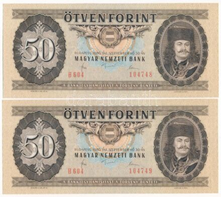 1980. 50Ft (2x) sorszámkövetők 'H 604 104748 - H 604 104749' T:I / Hungary 1980. 50 Forint (2x) consecutive serials 'H 604 104748 - H 604 104749' C:UNC Adamo F22