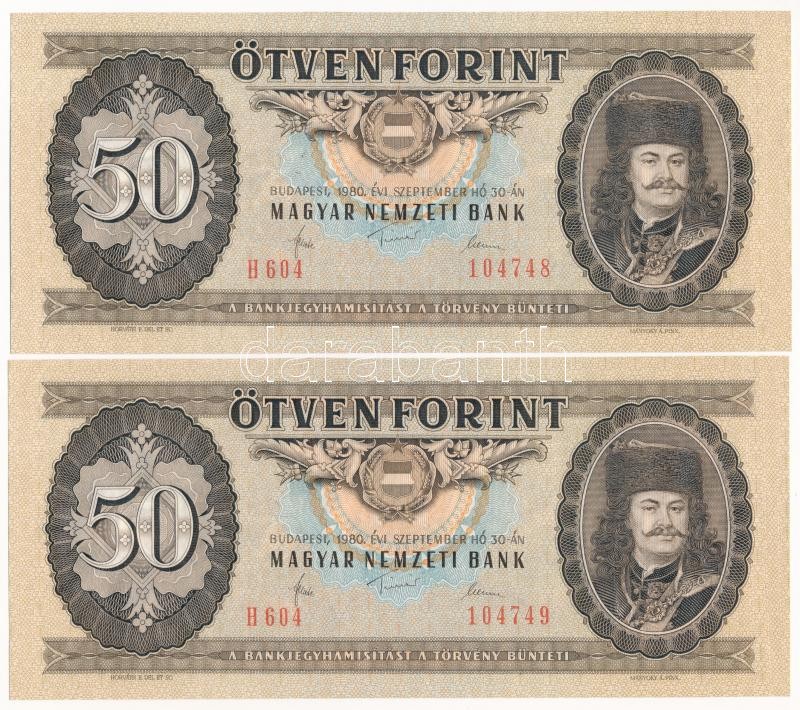 1980. 50Ft (2x) sorszámkövetők 'H 604 104748 - H 604 104749' T:I / Hungary 1980. 50 Forint (2x) consecutive serials 'H 604 104748 - H 604 104749' C:UNC Adamo F22
