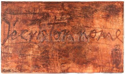 Lakner László (1936-): J' ecris ton nome, 1995. Olaj, vászon, jelezve jobbra lent. 50×86,5 cm. Lakner László, a magyar, német és egyetemes kortárs képzőművészet kimagasló alakjának életművében a kultúrtörténeti, irodalmi,