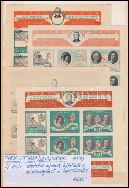 1939 levélzárók 4 db kisív eltolódott nyomat hátoldali nyomat szintévnyomat és támpéldány.