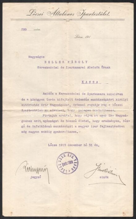 1913 2 gratuláló levél a kassai kamara elelnökének Beller Károlynak királyi kitüntetése alkalmából