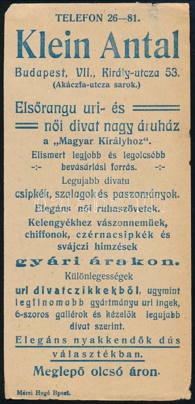 Klein Antal divatáruház, Király utca reklámos számolócédula