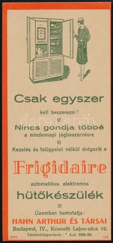 Hahn Antal és társai hűtőszekrények reklámos számolócédula