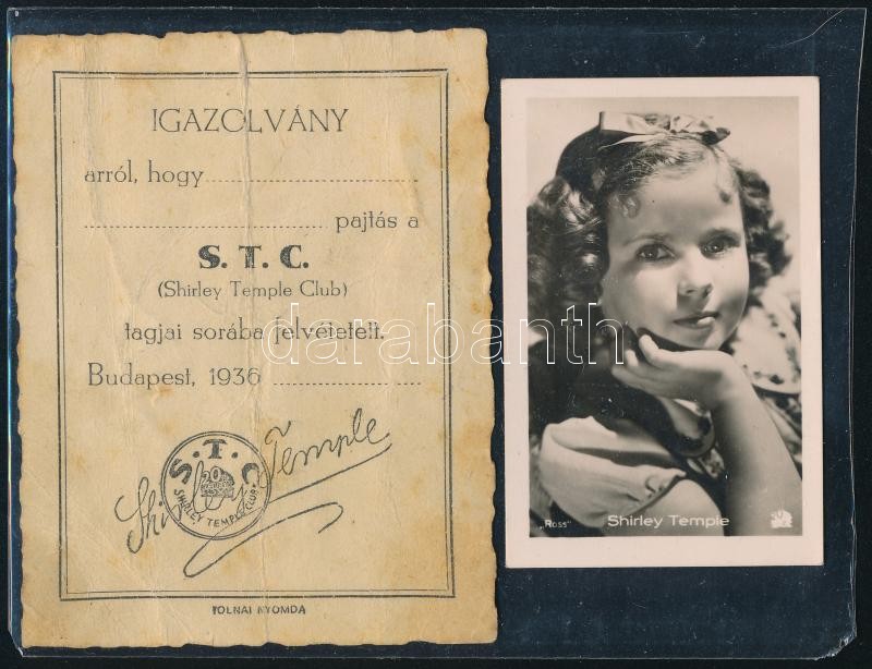 1936 Shirley Temple Club igazolvány és fotó