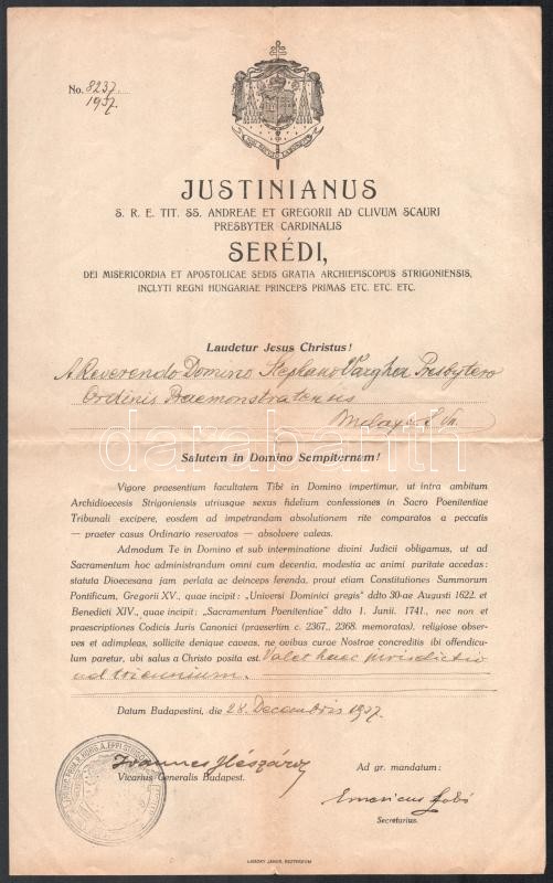 1937 Serédi Justinián bíboros érsek fejléces levélpapíja