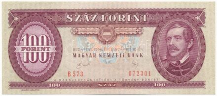 1989. 100Ft 'B 573 072301' T:I- / Hungary 1989. 100 Forint 'B 573 072301' C:AU Adamo F36