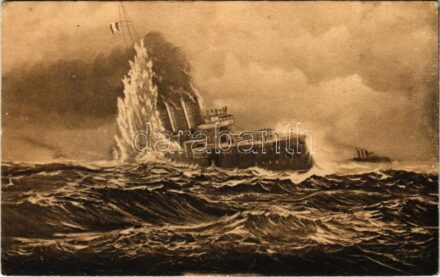 K.u.K. Kriegsmarine. Torpedierung des ital. Panzerkreuzers 'Amalfi' durch ein österr. U-Boot 7/7. 1915. / Osztrák-magyar tengeralattjáró megtorpedózza az 'Amalfi' olasz páncélos cirkálót + 'K.U.K. KRIEGSMARINE S.M.S. ORJEN' (fl)
