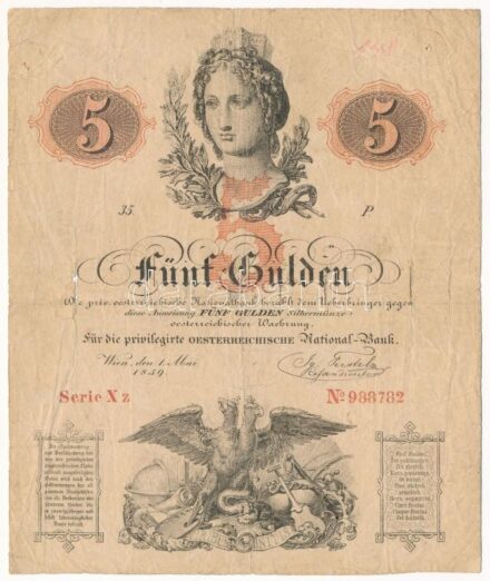 1859. 5G 'Xz 988782' vízjeles papíron T:III- hajtás illetve vízjel mentén több helyen ly. / Austrian Empire 1859. 5 Gulden 'Xz 988782' on watermarked paper C:VG multiple holes along foldlines and the watermarks Adamo G91