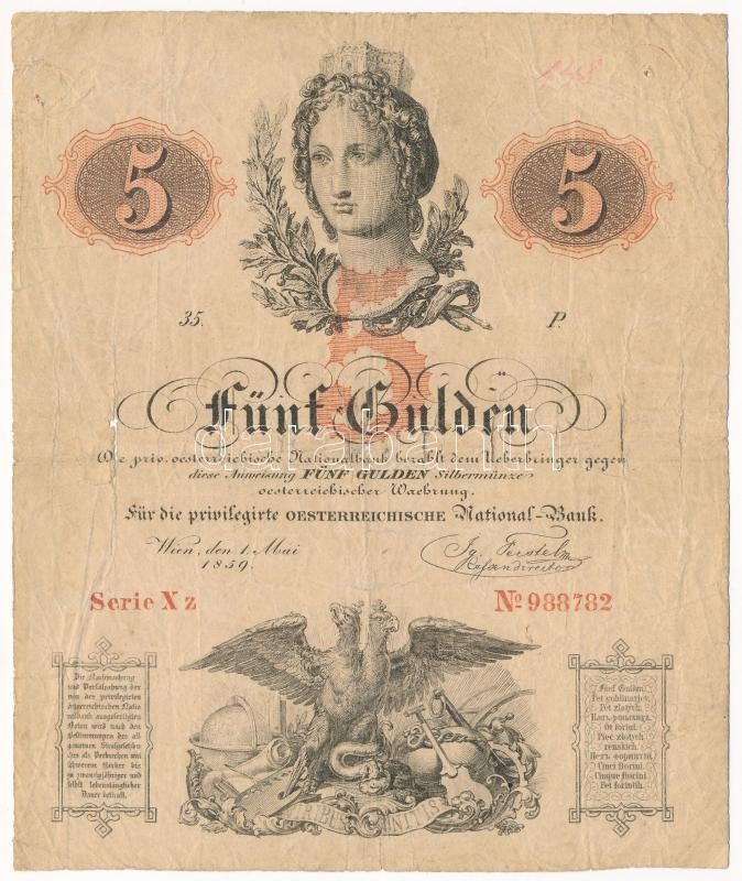 1859. 5G 'Xz 988782' vízjeles papíron T:III- hajtás illetve vízjel mentén több helyen ly. / Austrian Empire 1859. 5 Gulden 'Xz 988782' on watermarked paper C:VG multiple holes along foldlines and the watermarks Adamo G91