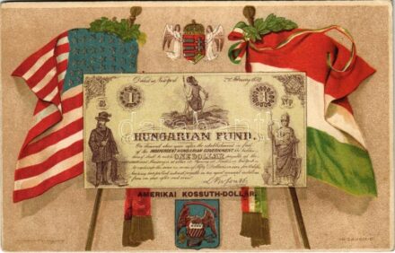 Amerikai Kossuth dollár. Jelenetek Kossuth Lajos élete történetéből Első kiadás VI. kép, dombornyomott / Hungarian Fund Kossuth dollar, Embossed Athenaeum rt. litho s: K. Sávely D.