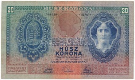1907. 20K '2154 088129' T:III hajtás mentén kis szakadás / Hungary 1907. 20 Korona '2154 088129' C:F small tear along fold line Adamo K16