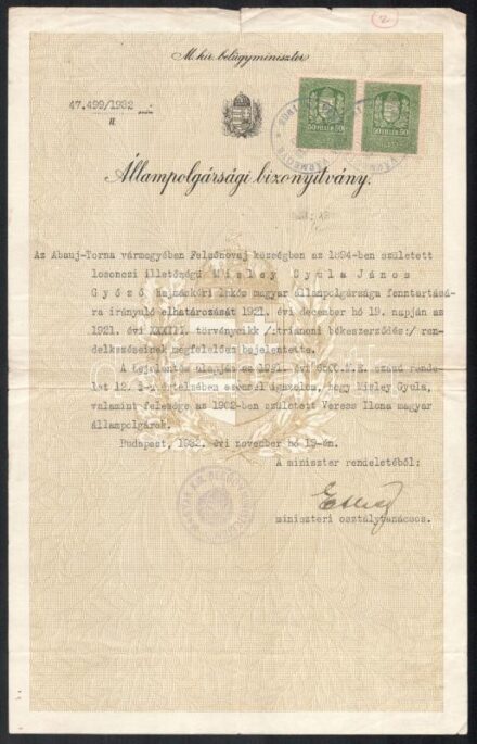 1932 Állampolgársági bizonyítvány losonci illetéségű személy részére a trianoni békeszerződés alapján bejelentve