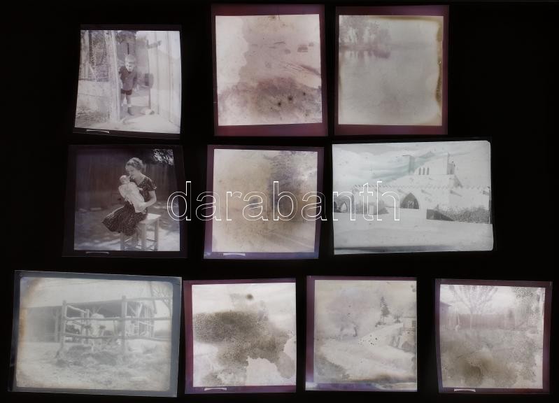 cca 1940 előtt készült felvételek sokféle témáról, a Flóris bonbonos doboz felirata szerint ezek ún. ,,Knipszek', 101 db vintage NEGATÍV, 6x9 cm és 3x4 cm között