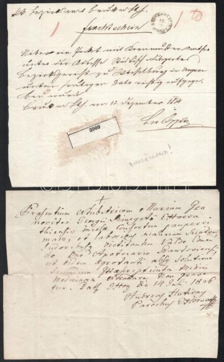1826-1869 6 db klf régi irat Lajtabruck, Carlsruhe, Téth, stb. klf városok