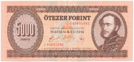 1990. 5000Ft 'J 05651592' T:I- / Hungary 1990. 5000 Forint 'J 05651592' C:AU Adamo F49.1