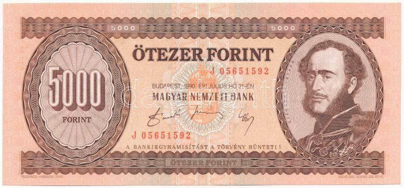 1990. 5000Ft 'J 05651592' T:I- / Hungary 1990. 5000 Forint 'J 05651592' C:AU Adamo F49.1