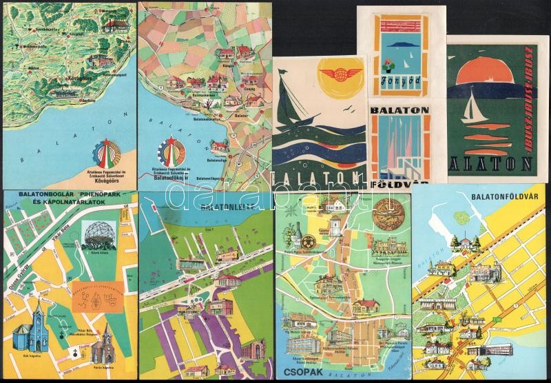 25 db modern és retro kiadvány a Balatonról. Térkép, hotelcímkék, képeslapok, stb