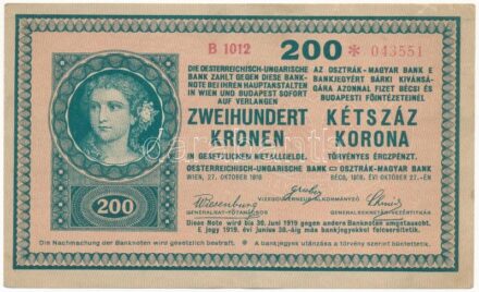 1918. 200K 'B 1012' hullámos hátlappal T:II- helyenként kopott papír / Hungary 1918. 200 Korona 'B 1012' with with wavy lined back C:VF worn paper in places Adamo K31/8