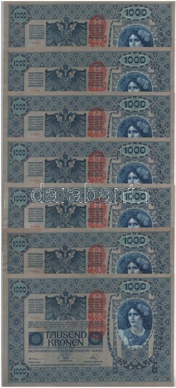 Ausztria 1919. (1902) 1000K '1798 11603-11613' (7x sorszámkövetők és közeli sorszámmal), függőleges 'DEUTSCHÖSTERREICH' felülbélyegzéssel, mindkét oldal német T:II,II- Austria 1919. (1902) 1000 Kronen '1798 11603-11613' (7x with