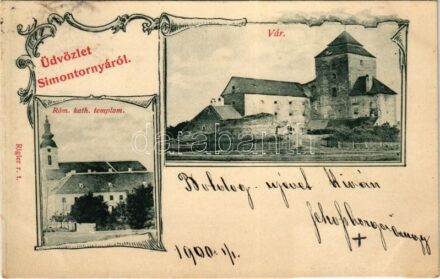 1899 (Vorläufer) Simontornya. Római katolikus templom, vár. Rigler r.t. Art Nouveau + 'BROOD-BUDAPEST 32.SZ.' vasúti mozgóposta
