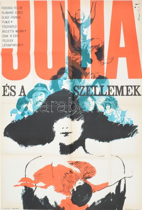1965 ,,Júlia és a szellemek' című olasz-francia film magyar plakátja, Ernyei jelzéssel, hajtogatva, 82,5x56,5 cm
