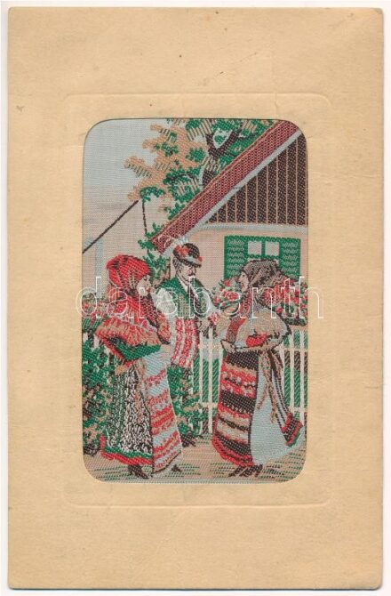 Mezőkövesdi népviselet, magyar folklór. Grainer-féle gobelin képek / Hungarian folklore from Mezőkövesd, textile card (fa)