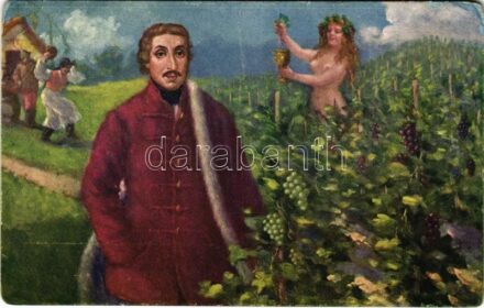 'Bordalok' Erotikus meztelen hölgy a szőlőhegyen. Csokonai Vitéz Mihály. Magyar Klassikusok / Erotic nude lady art postcard (EB)