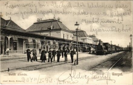 1904 Szeged, Vasútállomás, gőzmozdony. Divald Károly