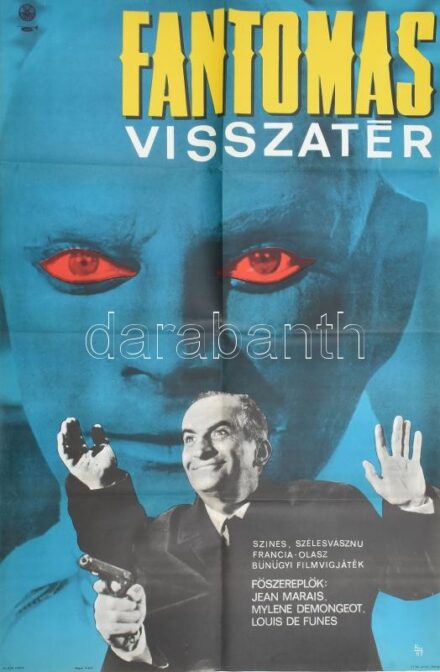 1967 ,,Fantomas visszatér' című francia-olasz film magyar plakátja, R.N. 67 jelzéssel, hajtogatva, 82,5x56,5 cm