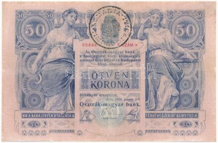 1902. 50K '1319 39448' fekete 'Romania Timbru Special' felülbélyegzéssel T:III restaurált Hungary 1902. 50 Korona '1319 39448' with black 'Romania Timbru Special' overprint C:F restored Adamo K23B