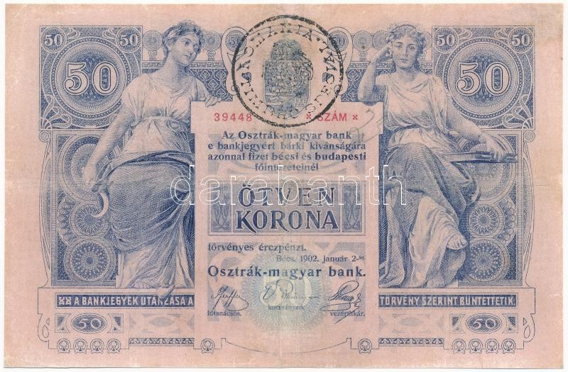 1902. 50K '1319 39448' fekete 'Romania Timbru Special' felülbélyegzéssel T:III restaurált Hungary 1902. 50 Korona '1319 39448' with black 'Romania Timbru Special' overprint C:F restored Adamo K23B