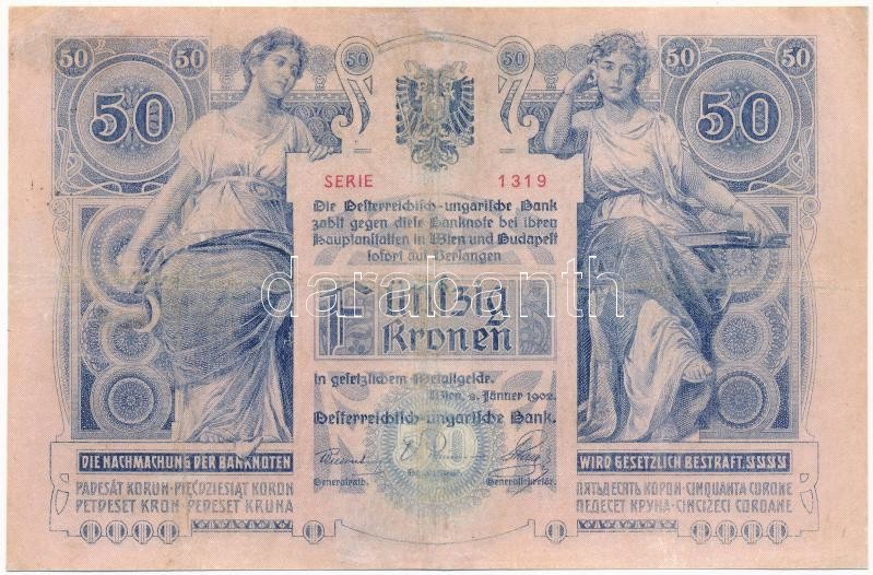 1902. 50K '1319 39448' fekete 'Romania Timbru Special' felülbélyegzéssel T:III restaurált Hungary 1902. 50 Korona '1319 39448' with black 'Romania Timbru Special' overprint C:F restored Adamo K23B - Image 2