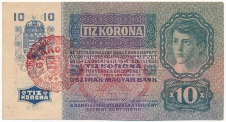 1915. 10K piros 'MAGYARORSZÁG' felülbélyegzéssel, '1120 132649' T:II / Hungary 1915. 10 Korona with red 'MAGYARORSZÁG' overprint '1120 132649' C:XF Adamo K11