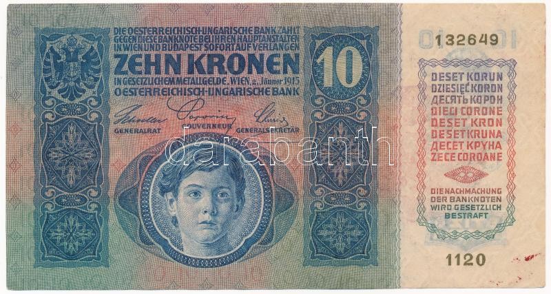 1915. 10K piros 'MAGYARORSZÁG' felülbélyegzéssel, '1120 132649' T:II / Hungary 1915. 10 Korona with red 'MAGYARORSZÁG' overprint '1120 132649' C:XF Adamo K11 - Image 2