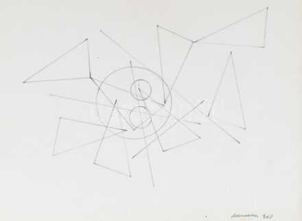 Marosán Gyula (1915-2003): Geometrikus formák, 1968. Filctoll, karton, jelzett, lap jobb alsó részében apró folttal és törésnyommal. 31,5×40 cm. / felt pen on paper, signed, with small spot on the lower right part