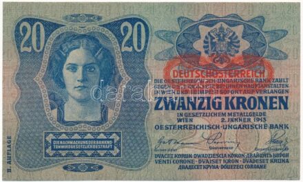 1913. 20K II. kiadás piros 'DEUTSCHÖSTERREICH' felülbélyegzéssel, '1182 200385' T:I- / Hungary 1913. 20 Korona 2nd issue, with red 'DEUTSCHÖSTERREICH' overprint, '1182 200385' C:AU Adamo K18B