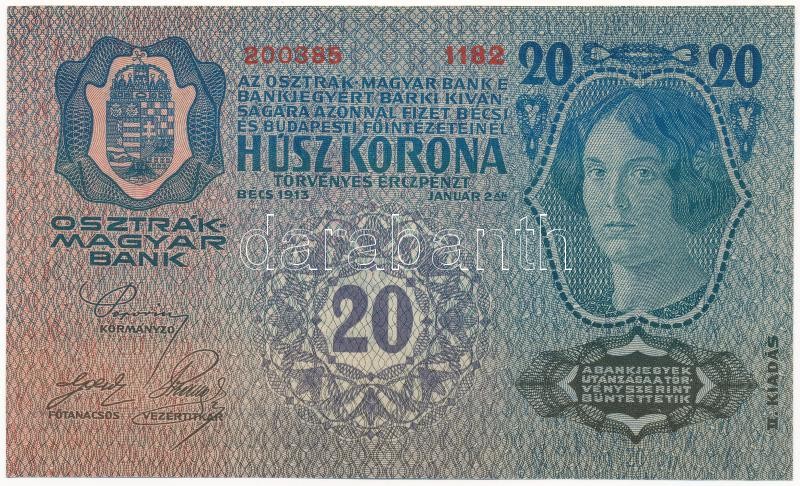1913. 20K II. kiadás piros 'DEUTSCHÖSTERREICH' felülbélyegzéssel, '1182 200385' T:I- / Hungary 1913. 20 Korona 2nd issue, with red 'DEUTSCHÖSTERREICH' overprint, '1182 200385' C:AU Adamo K18B - Image 2