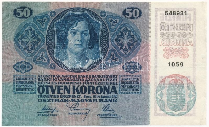 1914. 50K '1059 548931' T:II / Hungary 1914. 50 Korona '1059 548931' C:XF Adamo K24