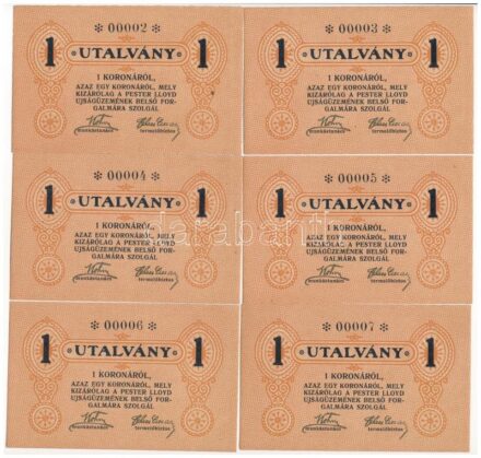 Budapest ~1920. 1K 'Pester Lloyd' utalvány (6x) sorszámkövetők '00002-00007', hátoldalon bélyegző nélkül T:I,I- / Hungary / Budapest ~1920. 1 Korona 'Pester Lloyd' voucher (6x) with consecutive serials '00002-00007', on the back without