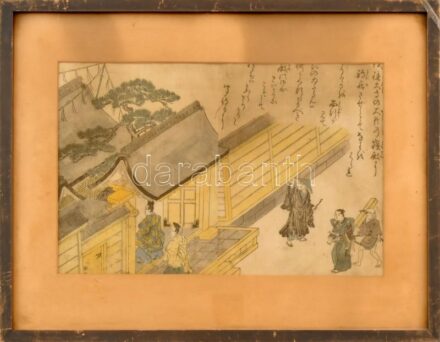 Nishikawa Sukenobu (1671-1750): Jelenet. Színes japán fametszet, papír, kissé foltos, gyűrődésekkel. Üvegezett fa keretben. 18,5x28,5 cm / coloured japanese woodcut on paper, bit spotty, with some minor creases, framed