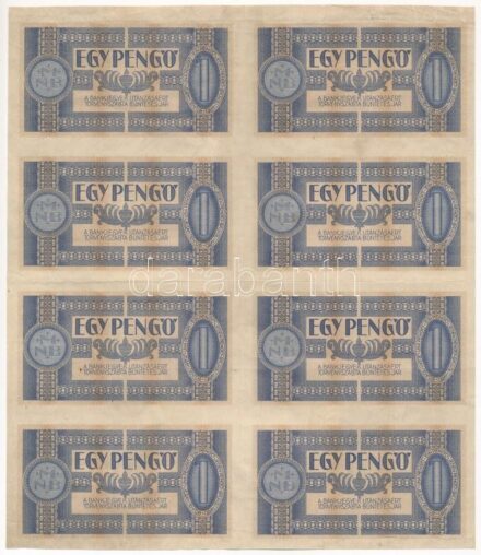 1938. 1P fázisnyomat 8db-os ívben, előlap csak alapnyomat T:III fo. / Hungary 1938. 1 Pengő phase print, 8pcs in one sheet, front is only base print C:F spotted Adamo SP1e