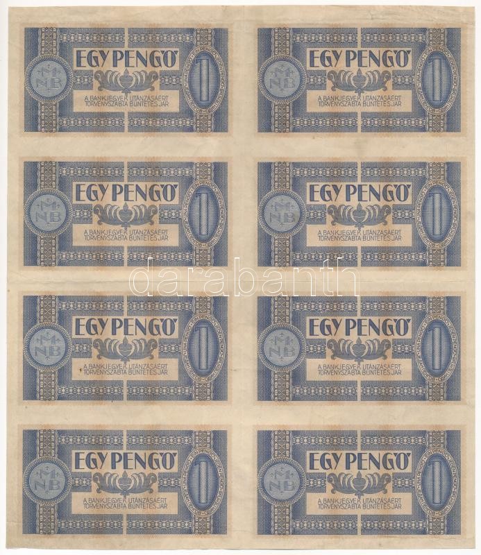 1938. 1P fázisnyomat 8db-os ívben, előlap csak alapnyomat T:III fo. / Hungary 1938. 1 Pengő phase print, 8pcs in one sheet, front is only base print C:F spotted Adamo SP1e