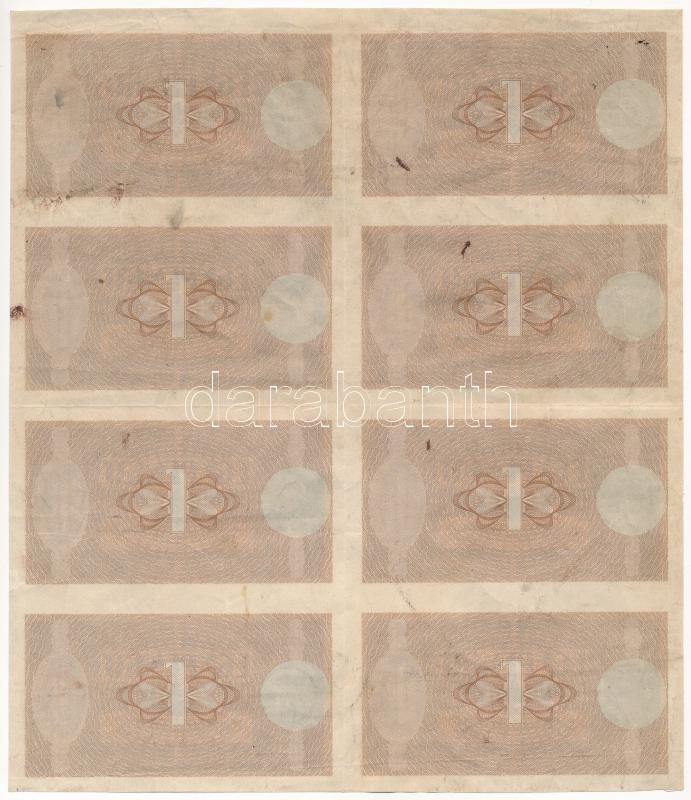 1938. 1P fázisnyomat 8db-os ívben, előlap csak alapnyomat T:III fo. / Hungary 1938. 1 Pengő phase print, 8pcs in one sheet, front is only base print C:F spotted Adamo SP1e - Image 2