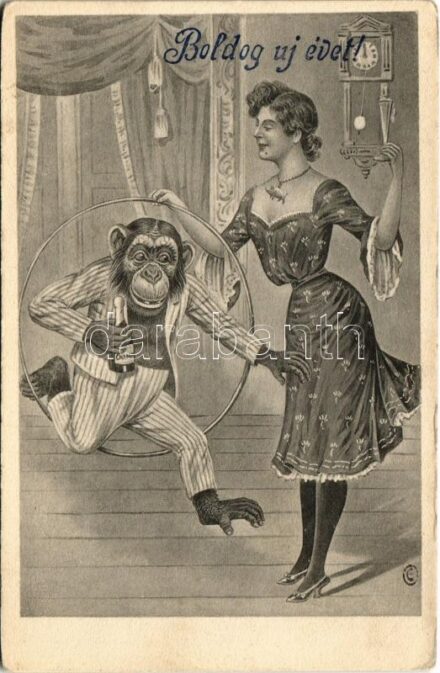 Boldog Újévet! / New Year greeting art postcard with circus chimpanzee (EK)