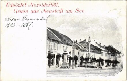 Nezsider, Neusiedl am See; Fő utca, Szentháromság szobor, Franz Wolf üzlete / Hauptstrasse, Dreifaltigkeitsstatue / main street, Trinity statue, shop (Rb)