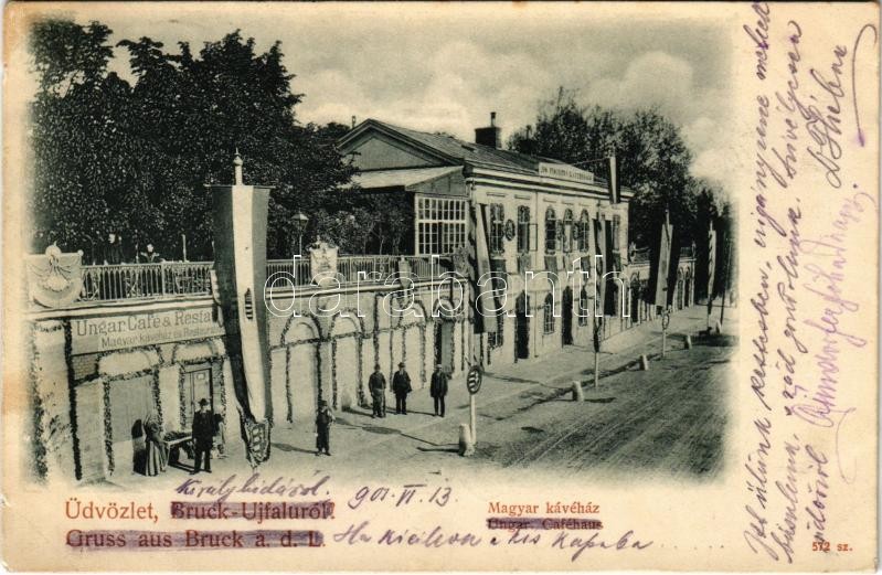 1901 Királyhida, Bruckújfalu, Bruckneudorf; Josef Fischer Magyar Kávéház és étterem magyar zászlókkal és címerrel díszítve / Ungarische Caféhaus / Hungarian cafe and restaurant decorated with Hungarian flags and coat of arms