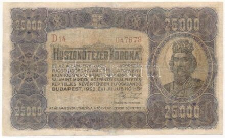 1923. 25.000K 'Orell Füssli Zürich' piros 'D14 047678' T:III- restaurált / Hungary 1923. 25.000 Korona 'Orell Füssli Zürich' with red 'D14 047678' serial number C:VG restored Adamo K44